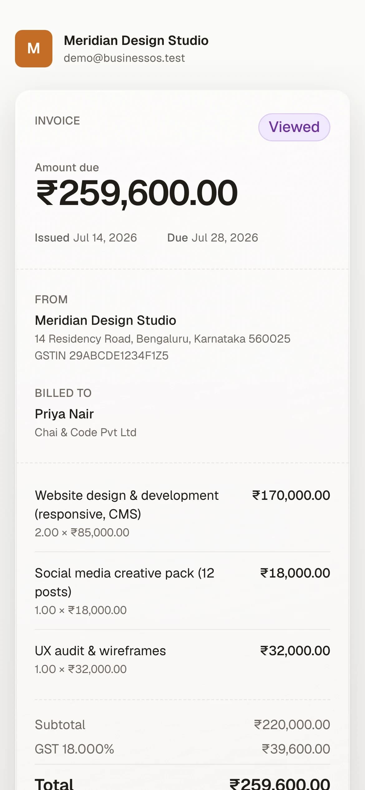Public invoice page as seen on a client's phone, with Pay now and Pay via UPI actions